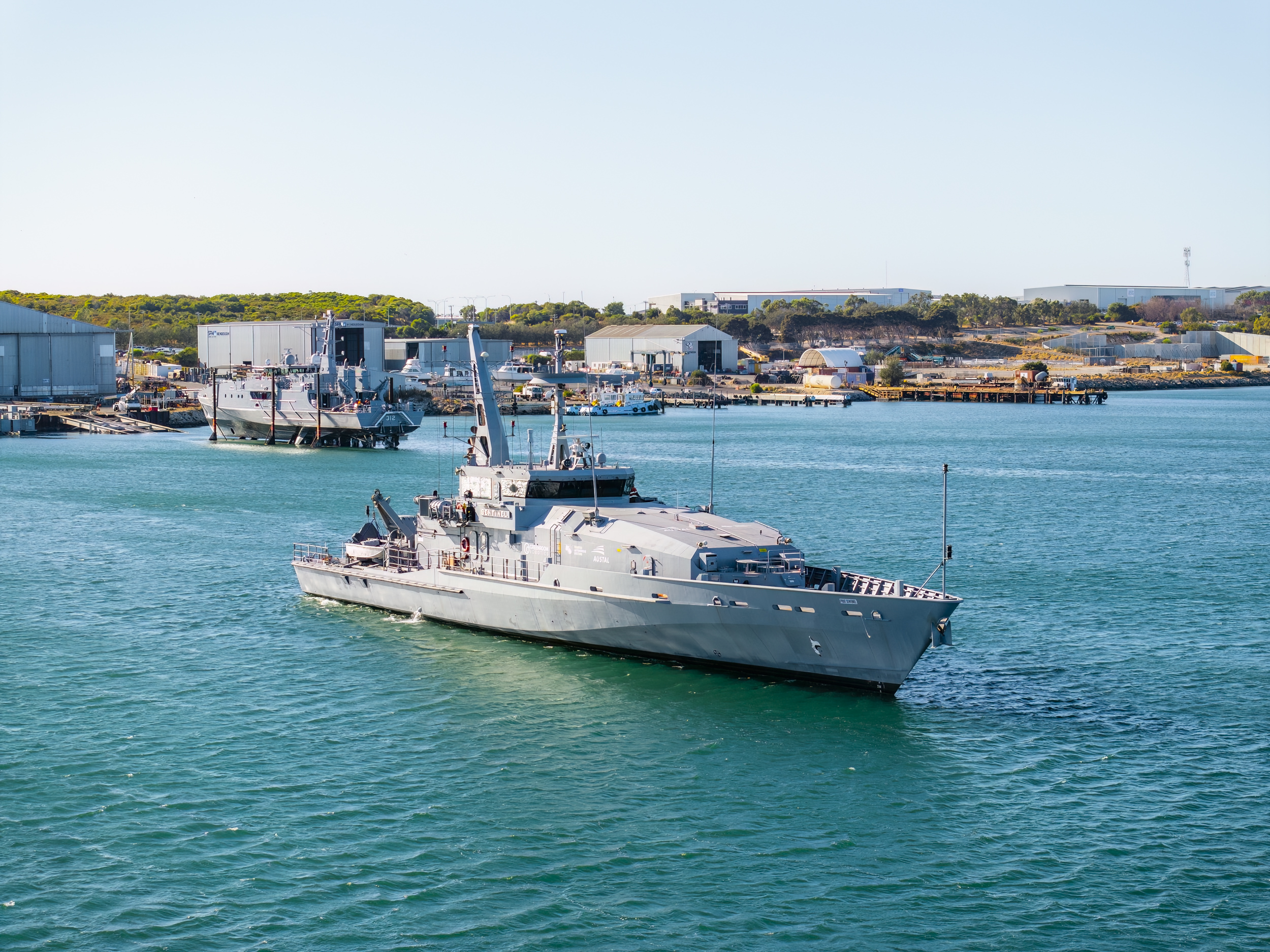 Image of Sentinel, a patrol boat with autonomous capability, in the water during sea trials in March 2024.