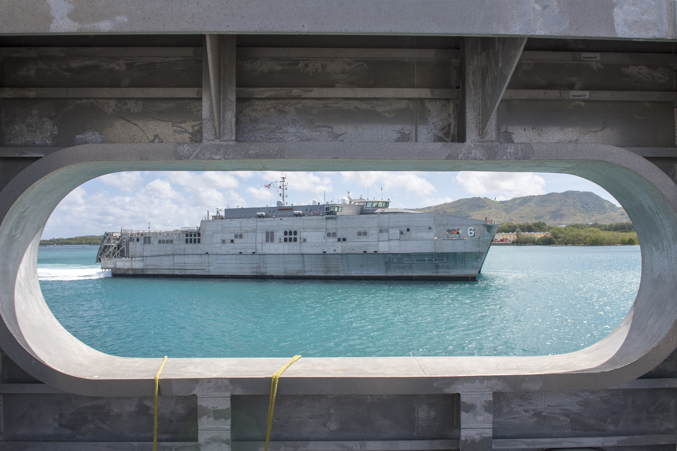 Image of USNS Brunswick (EPF 6) passing the port side of USNS Fall River (EPF 4) as EPF 6 prepares to moor in Guam.  (U.S. Navy photo by Mass Communication Specialist 1st Class Byron C. Linder/Released)