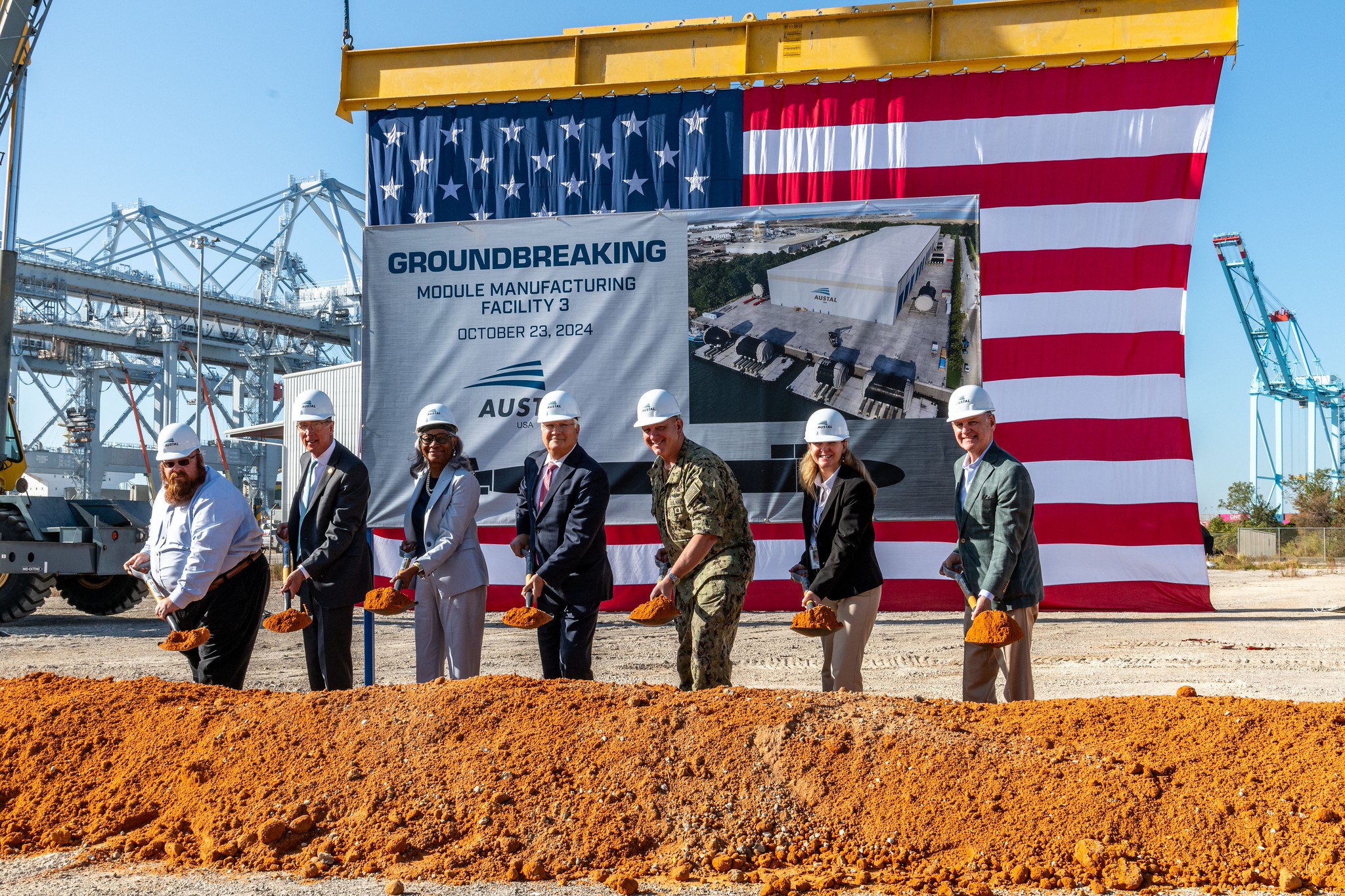 Image of people at the October 2024 groundbreaking ceremony for Austal USA's new Submarine Module Manufacturing Facility.