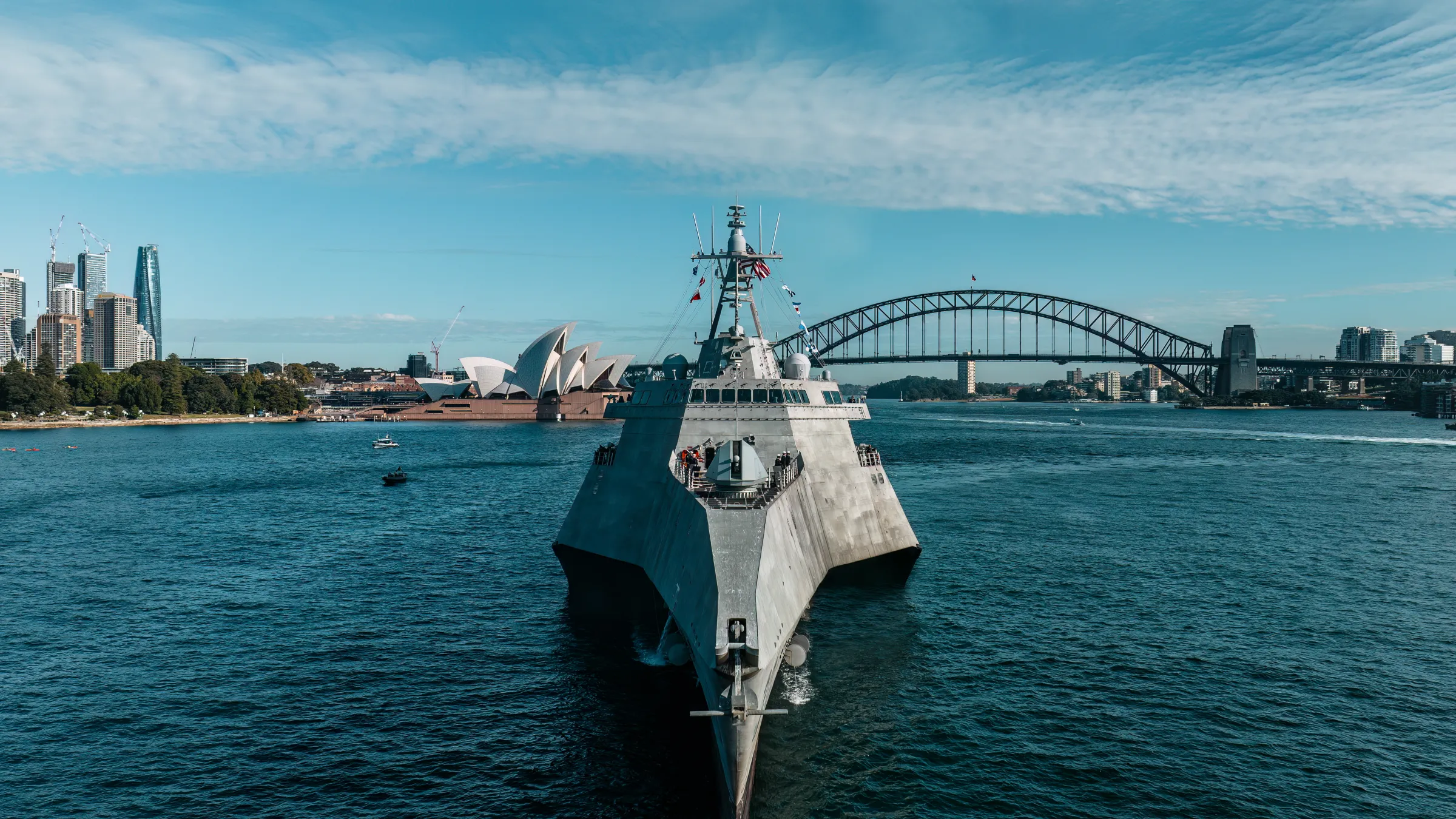 Image of Littoral Combat Ship designed and constructed by Austal, USS Canberra in Sydney harbour, Australia.