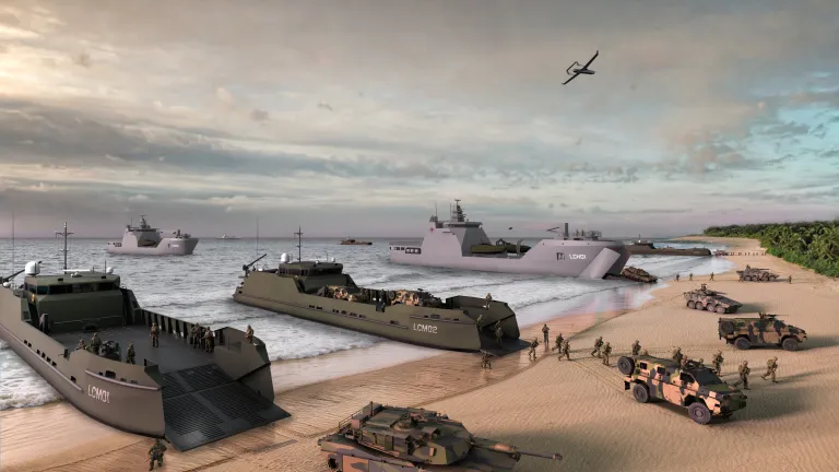 CGI image depicting a scenario of a shore landing by multiple vessels, representing the LAND8710 Landing Craft Medium (LCM) and Landing Craft Heavy (LCH) projects for the Australian Army to be delivered by Austal Defence Australia.