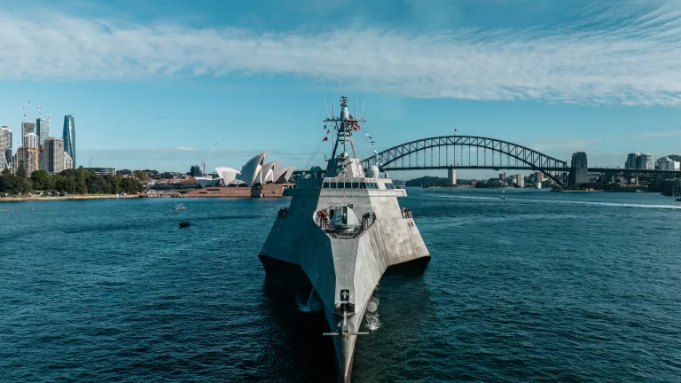 Image of Littoral Combat Ship designed and constructed by Austal, USS Canberra in Sydney harbour, Australia.
