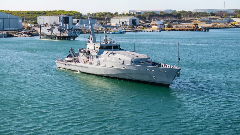 Image of Sentinel, a patrol boat with autonomous capability, in the water during sea trials in March 2024.