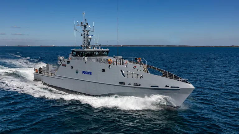 Image of an Austal designed and constructed Guardian-class patrol boat during sea trials.
