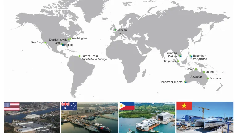 Image of Austal's global presence, indicating our shipyards and service centres & offices