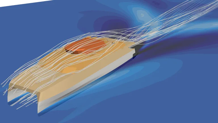 Image of computational fluid dynamics analysis of a ships hull, part of the DeepMorpher suite.