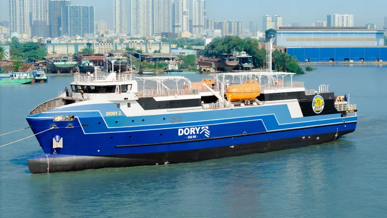 Image of Austal built, Dory 2, a 71-metre roll-on/roll-off (RORO) passenger cargo vessel for The Degage Group of French Polynesia, after a successful launch in March 2026.