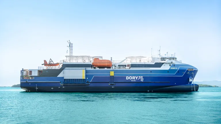 Image of 'Dory 2', a vessel built by Austal's Vietnam shipyard for The Degage Group, following the vessel's successful launch in March 2026.