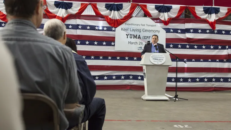 Mayor Nicholls speaking @ Yuma (EPF 8) keel laying ceremony.jpg