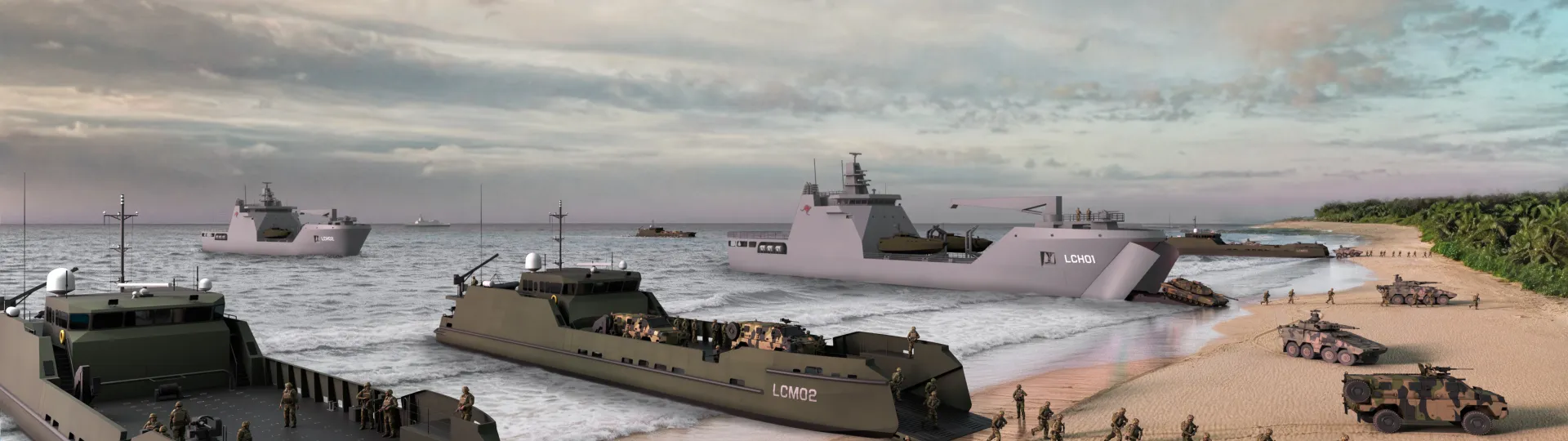 CGI image depicting a scenario of a shore landing by multiple vessels, representing the LAND8710 Landing Craft Medium (LCM) and Landing Craft Heavy (LCH) projects for the Australian Army to be delivered by Austal Defence Australia.